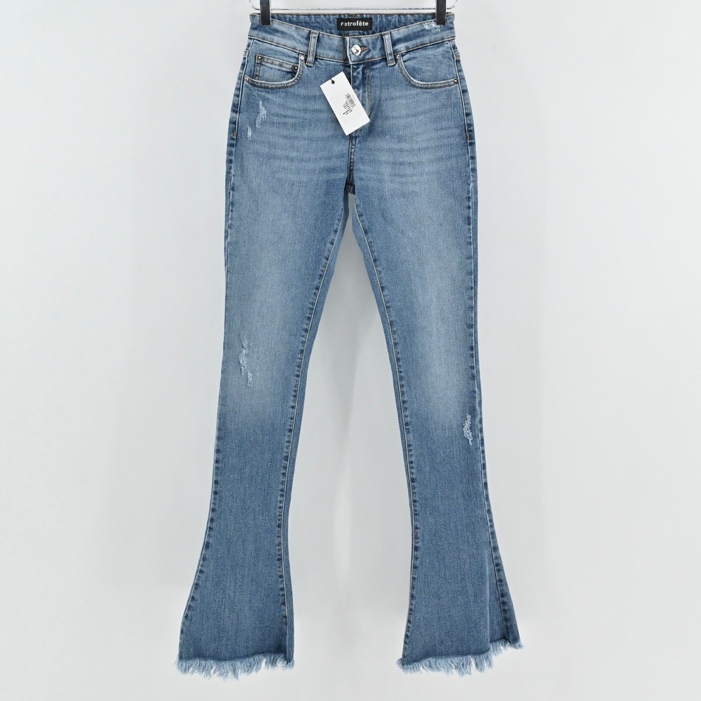 Retrofete Bailey Flare Jeans Womens 24‎ High Rise Distressed Denim Raw Hem Boho